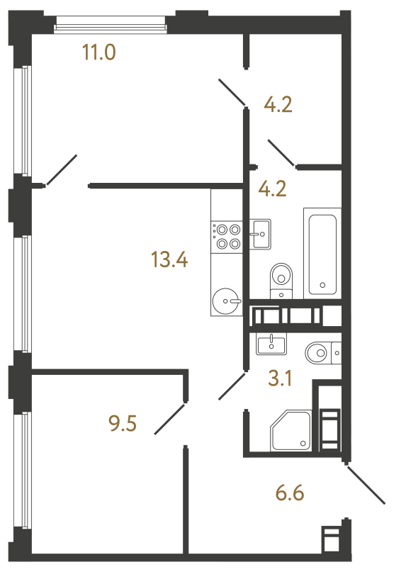 2-комнатная квартира, 52 м² в ЖК "Гений" - планировка, фото №1