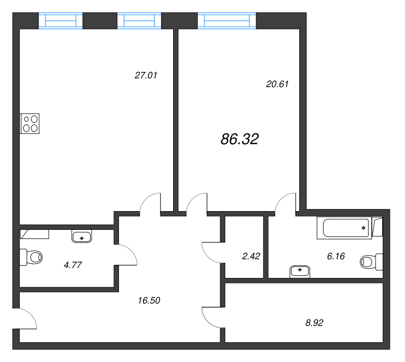 2-комнатная (Евро) квартира, 86.4 м² в ЖК "Манхэттэн" - планировка, фото №1