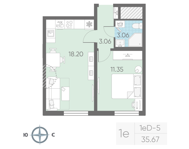 2-комнатная (Евро) квартира, 35.67 м² в ЖК "Морская миля" - планировка, фото №1