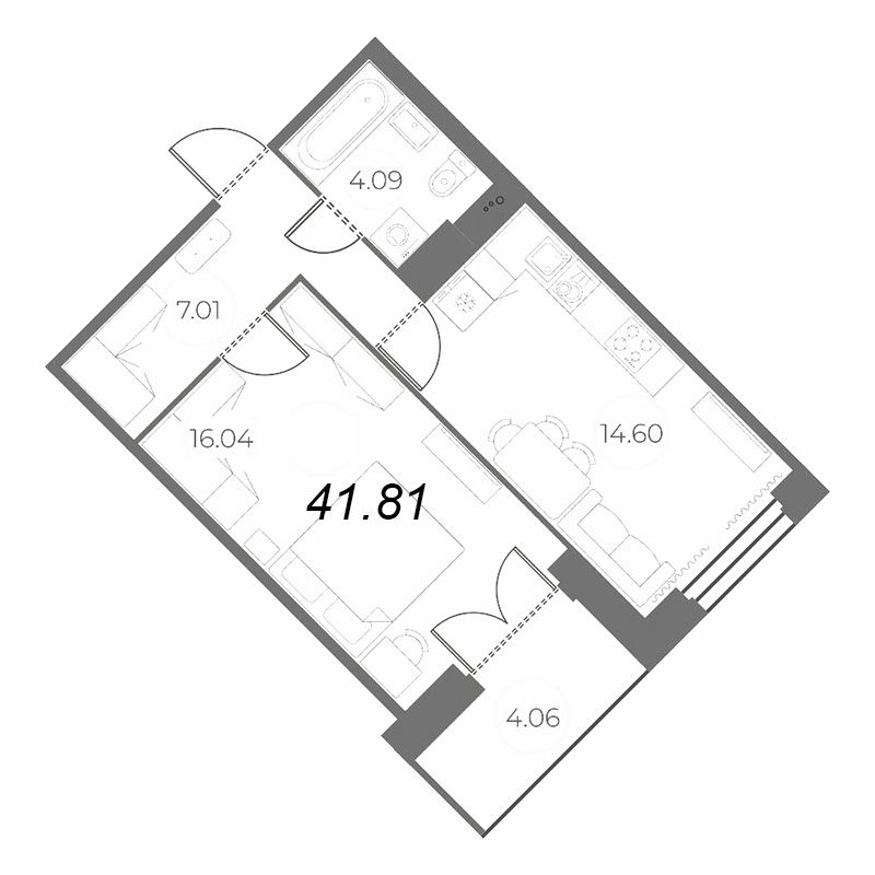 1-комнатная квартира, 43.84 м² - планировка, фото №1