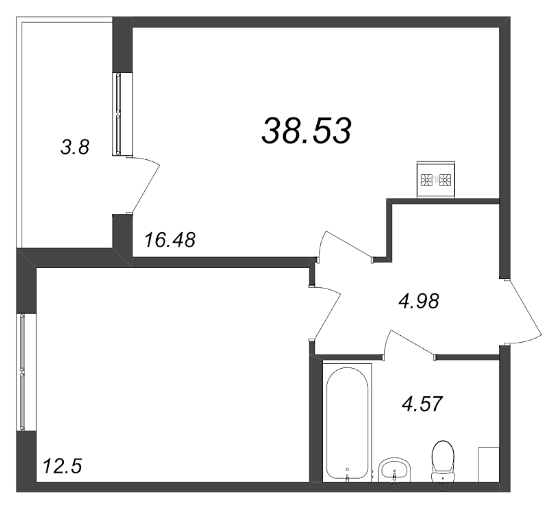 2-комнатная (Евро) квартира, 38.53 м² в ЖК "Любоград" - планировка, фото №1