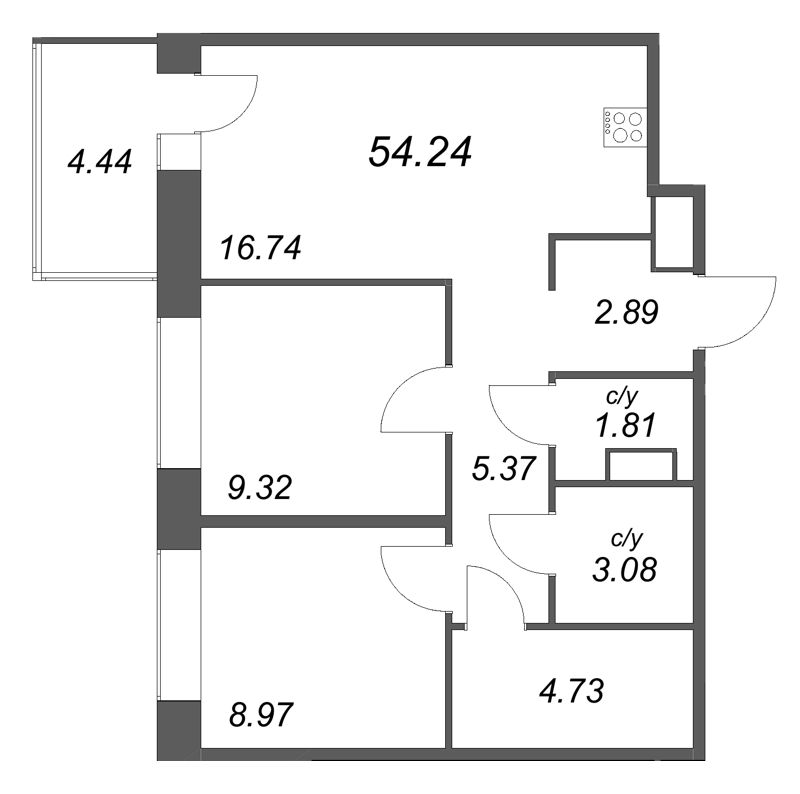 2-комнатная квартира, 54.24 м² в ЖК "Уютный" - планировка, фото №1