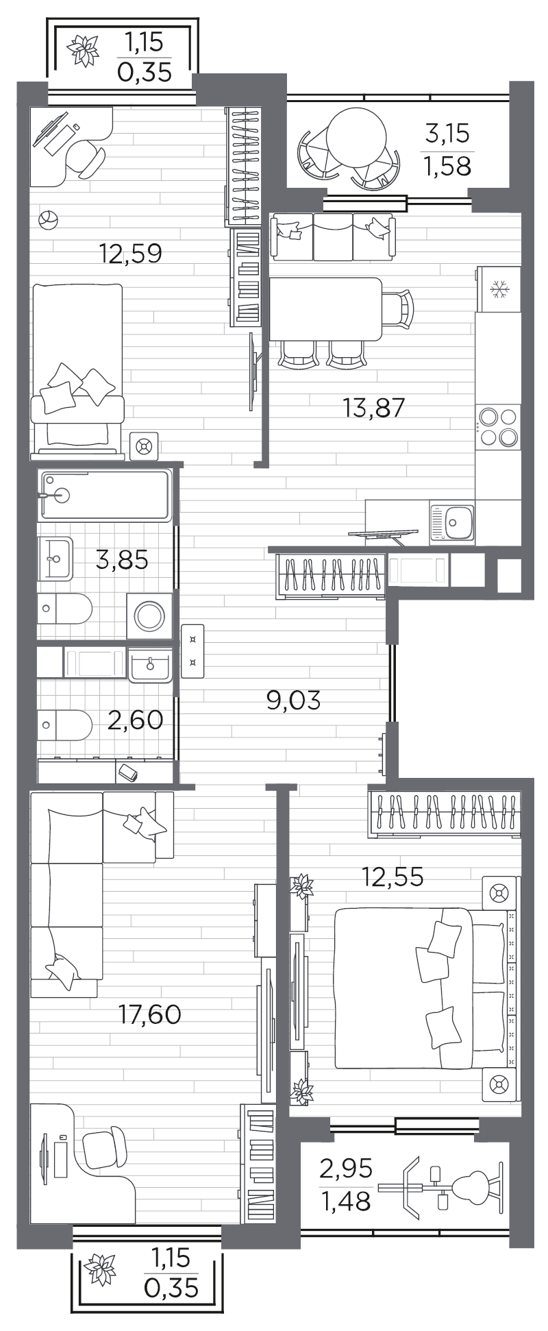 3-комнатная квартира, 75.85 м² в ЖК "PLUS Пулковский" - планировка, фото №1