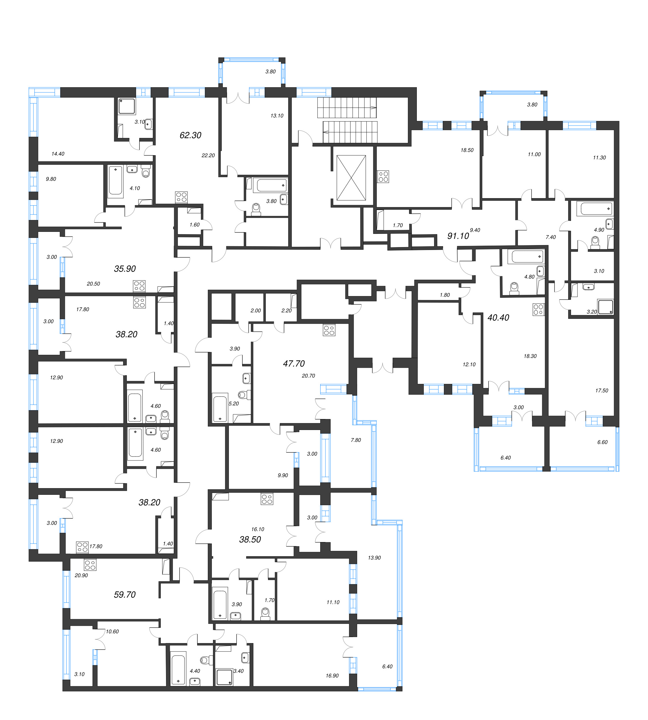 3-комнатная квартира, 91.1 м² - планировка этажа