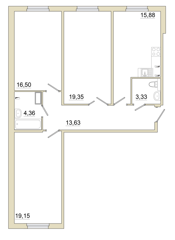 3-комнатная квартира, 91.9 м² в ЖК "Granholm Village" - планировка, фото №1