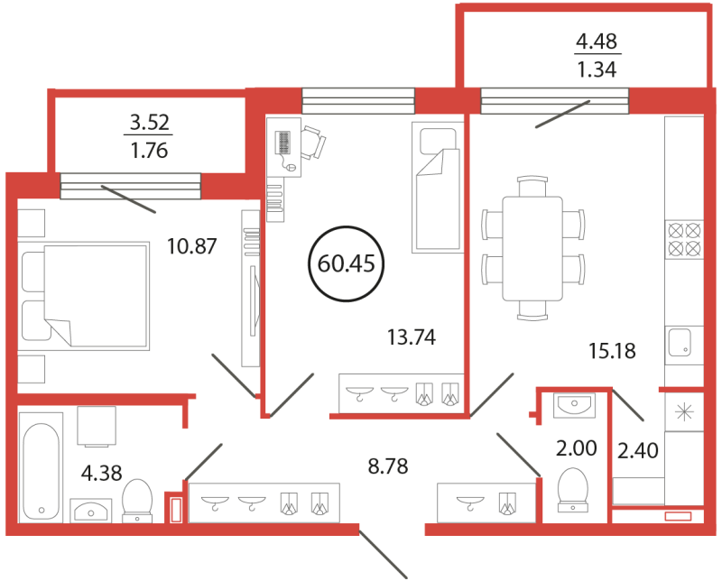 3-комнатная (Евро) квартира, 60.45 м² в ЖК "Энфилд" - планировка, фото №1