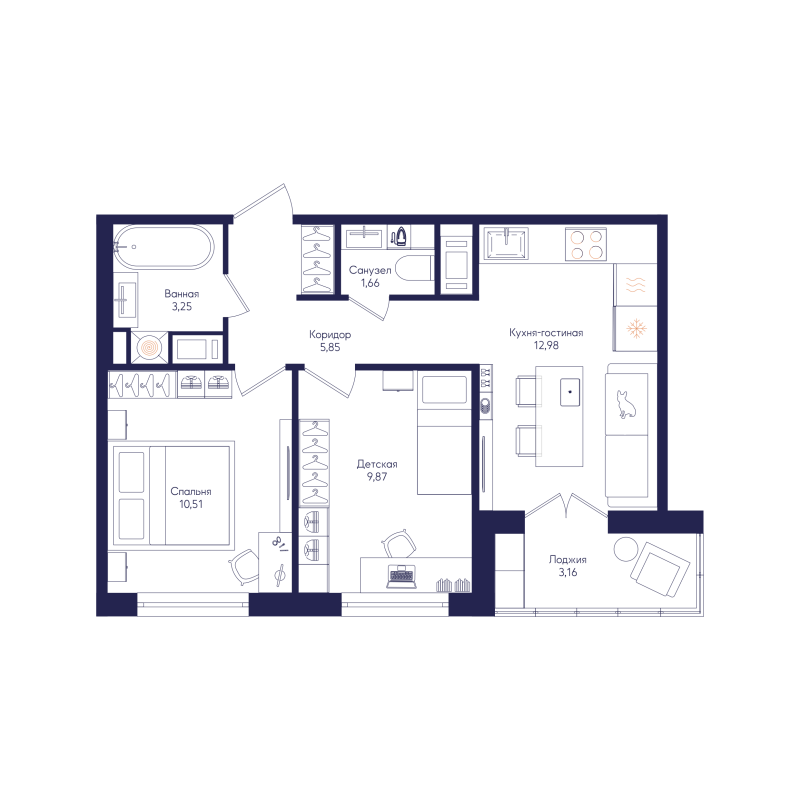 2-комнатная квартира, 45.83 м² в ЖК "Кронунг Янино" - планировка, фото №1