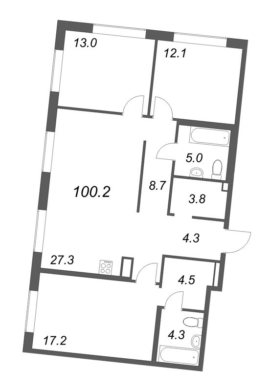 4-комнатная (Евро) квартира, 100.4 м² в ЖК "Визионер" - планировка, фото №1