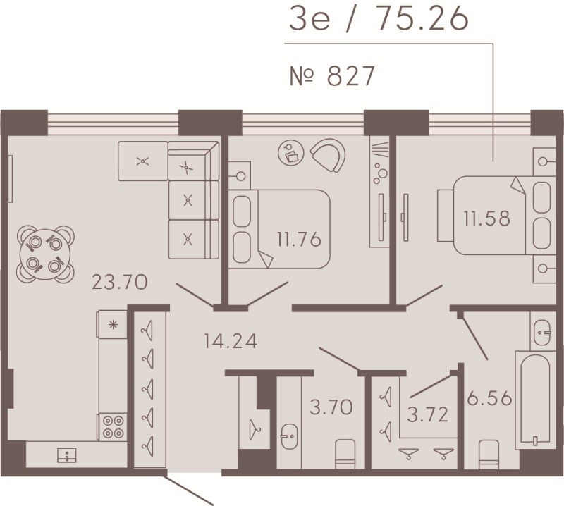 3-комнатная (Евро) квартира, 75.26 м² в ЖК "17/33 Петровский остров" - планировка, фото №1