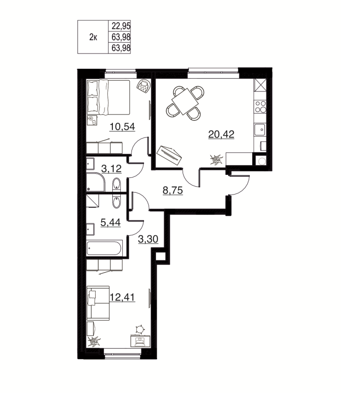 3-комнатная (Евро) квартира, 63.98 м² в ЖК "Соло. Петергоф" - планировка, фото №1
