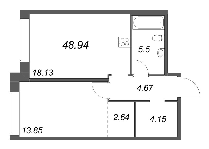 2-комнатная (Евро) квартира, 48.94 м² в ЖК "Avant" - планировка, фото №1