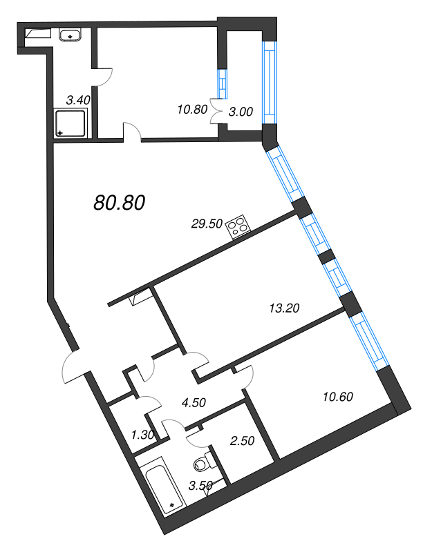 3-комнатная квартира, 80.8 м² в ЖК "NewПитер 2.0" - планировка, фото №1