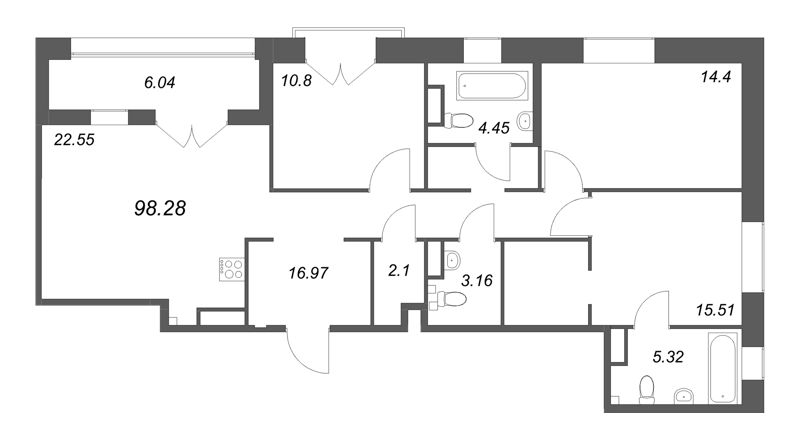 4-комнатная (Евро) квартира, 98.28 м² - планировка, фото №1