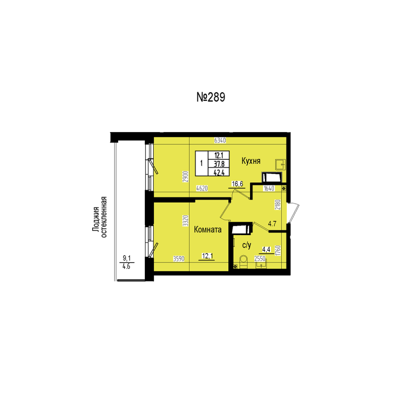 2-комнатная (Евро) квартира, 42.4 м² в ЖК "ПРАГМА СИТИ" - планировка, фото №1