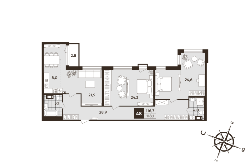 3-комнатная (Евро) квартира, 116.7 м² в ЖК "Дом на Бронницкой" - планировка, фото №1