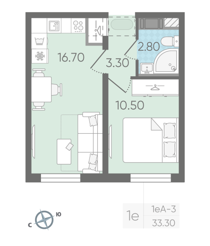 2-комнатная (Евро) квартира, 33.3 м² - планировка, фото №1