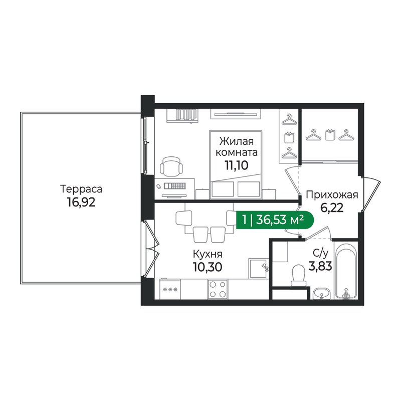 1-комнатная квартира, 36.53 м² в ЖК "Сертолово Парк" - планировка, фото №1