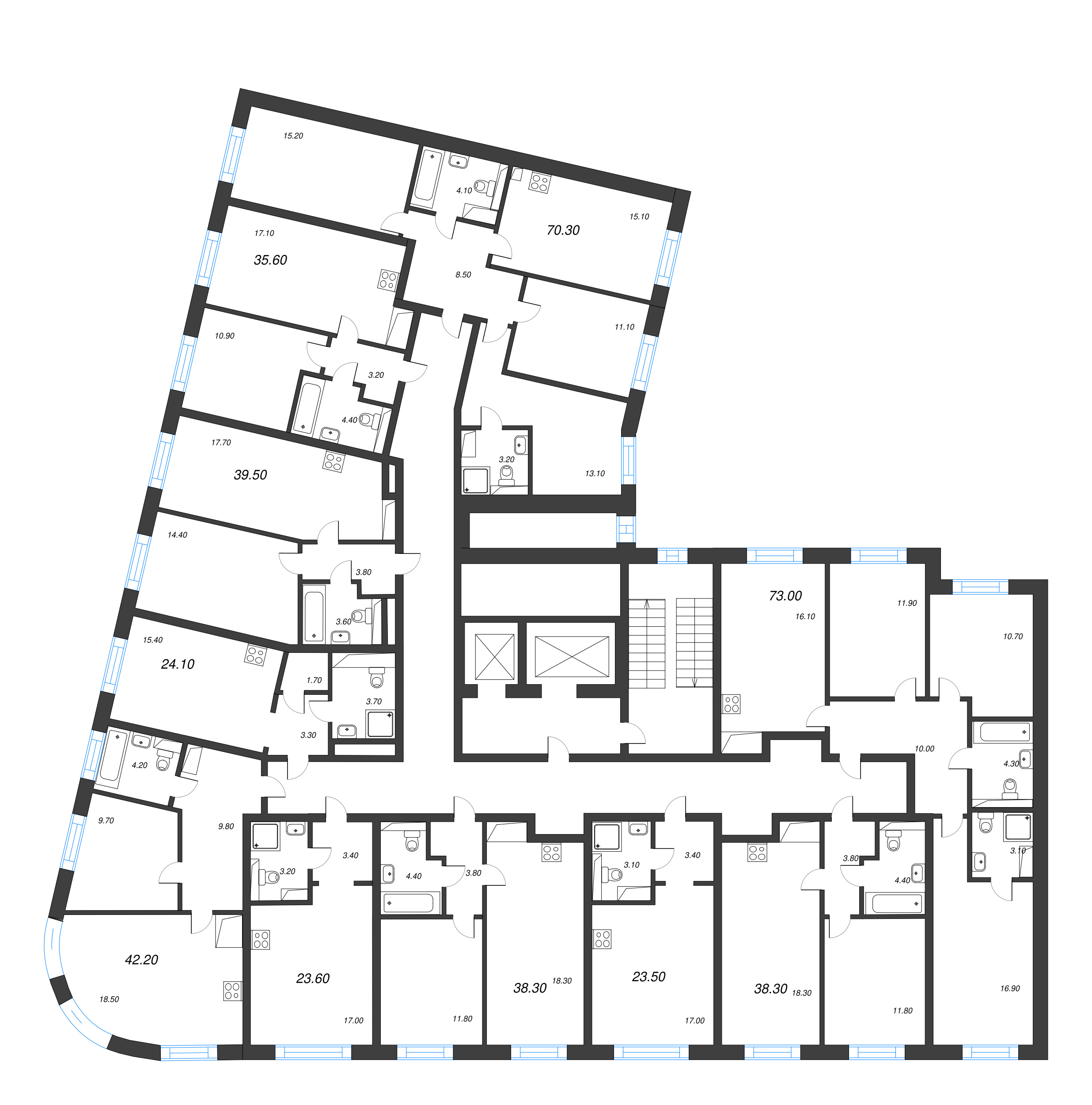 4-комнатная (Евро) квартира, 70.3 м² - планировка этажа