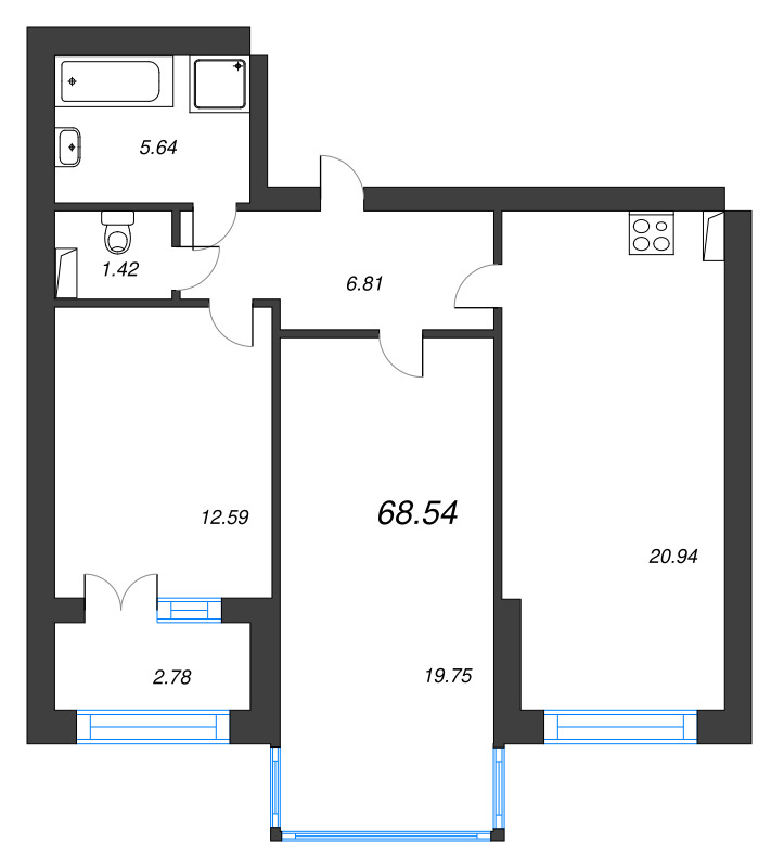 3-комнатная (Евро) квартира, 70.7 м² в ЖК "Наука" - планировка, фото №1