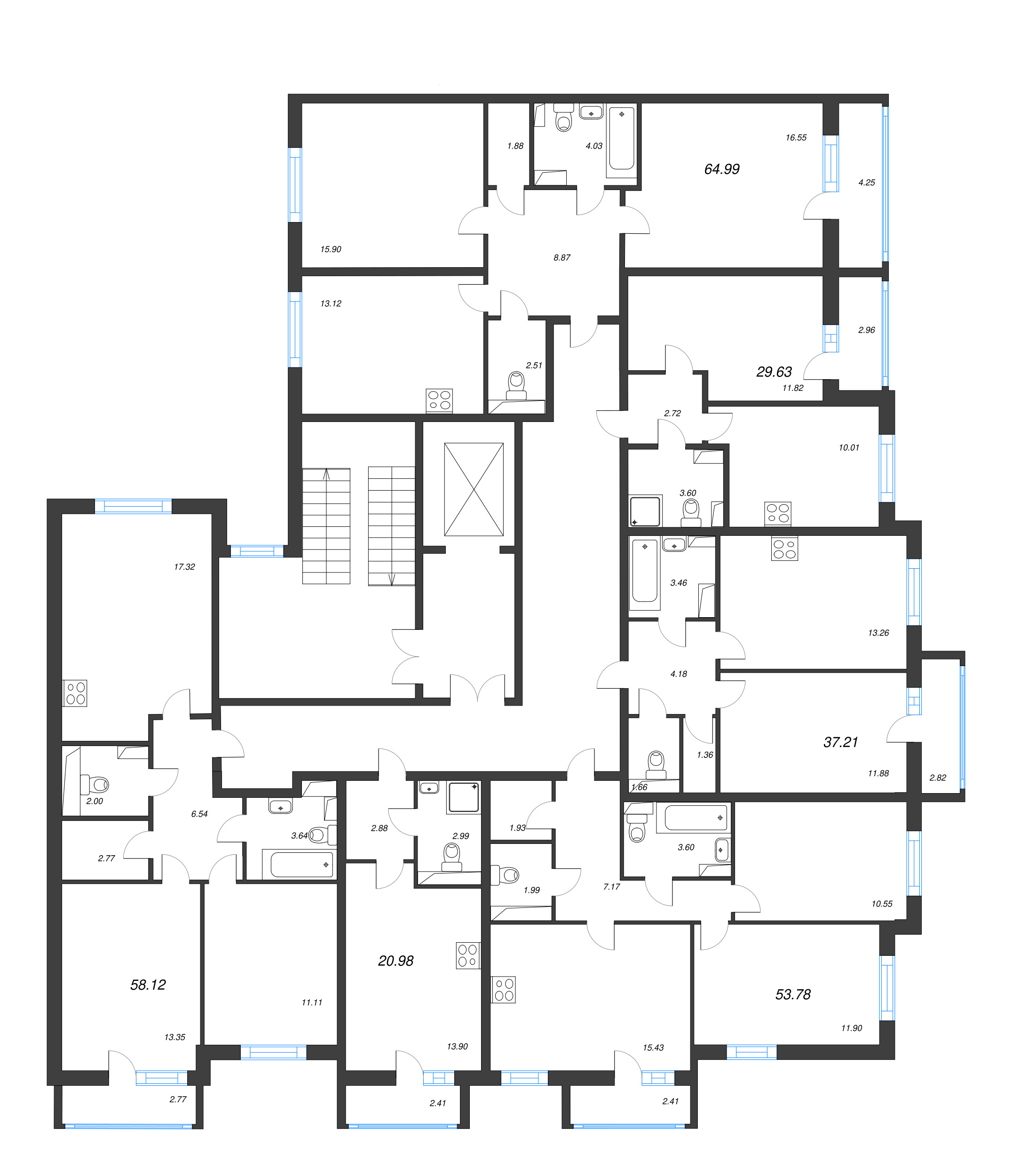 2-комнатная квартира, 64.99 м² - планировка этажа