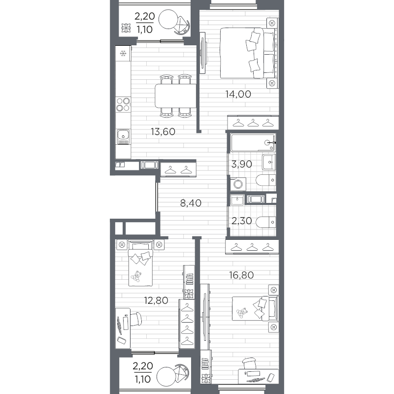 3-комнатная квартира, 74 м² в ЖК "PLUS Пулковский" - планировка, фото №1