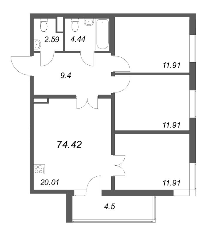 4-комнатная (Евро) квартира, 74.42 м² в ЖК "Новая история" - планировка, фото №1