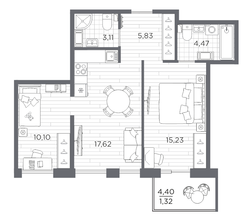 3-комнатная (Евро) квартира, 57.68 м² в ЖК "Сезоны" - планировка, фото №1