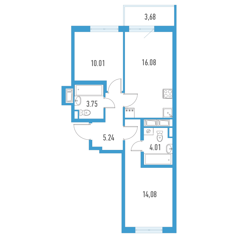 3-комнатная (Евро) квартира, 54.27 м² в ЖК "Аэросити" - планировка, фото №1