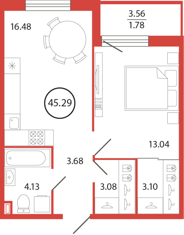 2-комнатная (Евро) квартира, 45.29 м² в ЖК "Энфилд" - планировка, фото №1