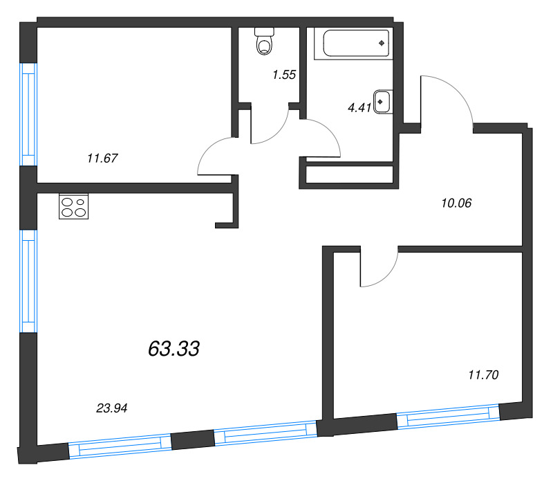 3-комнатная (Евро) квартира, 63.33 м² в ЖК "Легенда Васильевского" - планировка, фото №1