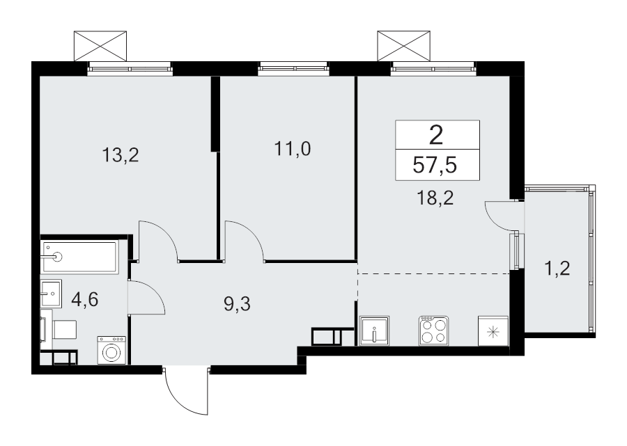 3-комнатная (Евро) квартира, 57.5 м² в ЖК "А101 Лаголово" - планировка, фото №1