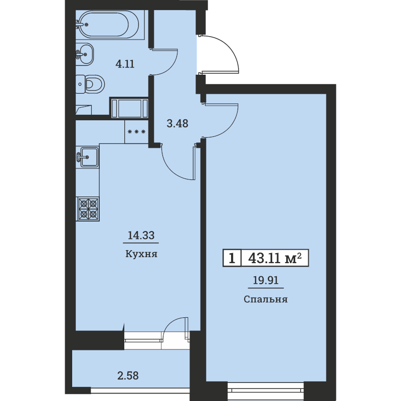 1-комнатная квартира, 43.11 м² - планировка, фото №1