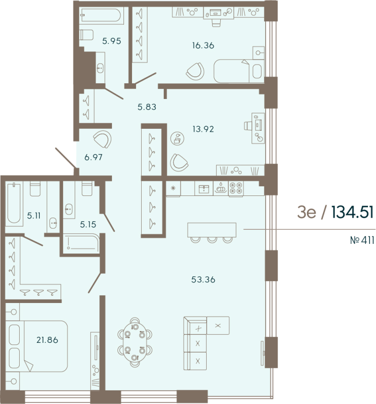 4-комнатная (Евро) квартира, 134.51 м² - планировка, фото №1