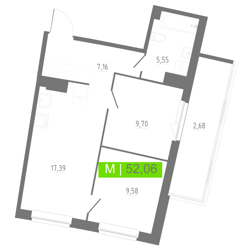 3-комнатная (Евро) квартира, 52.06 м² в ЖК "Аквилон РИВА" - планировка, фото №1