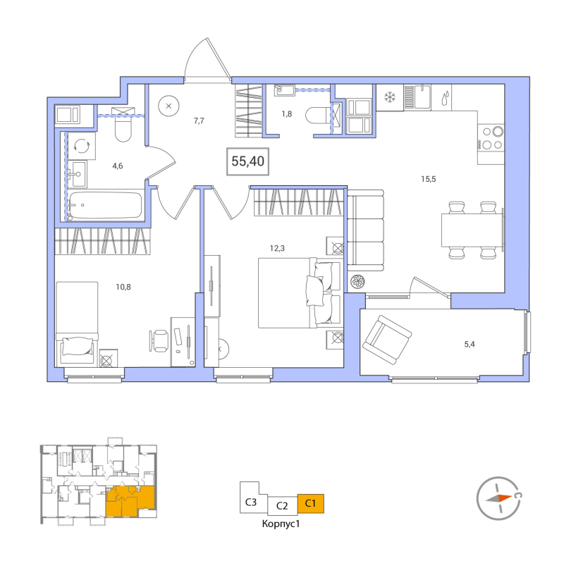 3-комнатная (Евро) квартира, 55.4 м² в ЖК "Янила Форест" - планировка, фото №1