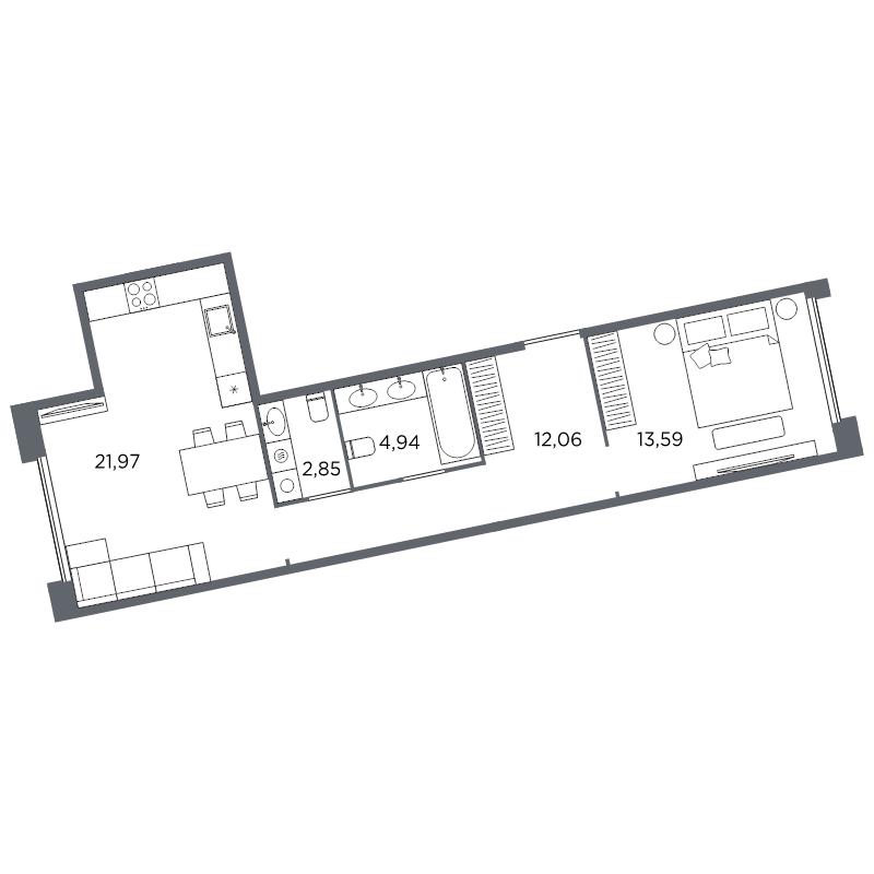 2-комнатная (Евро) квартира, 55.41 м² в ЖК "Акватория" - планировка, фото №1