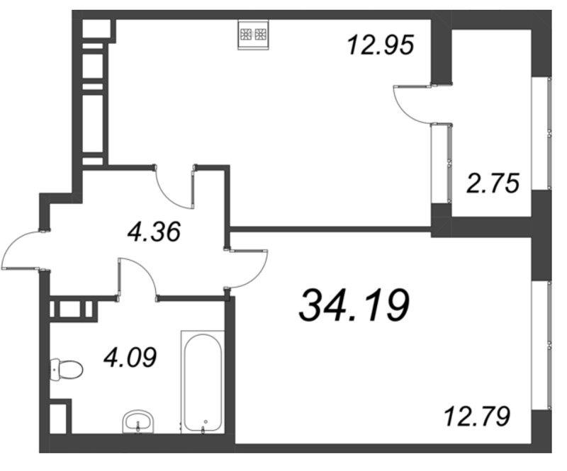 1-комнатная квартира, 34.19 м² - планировка, фото №1