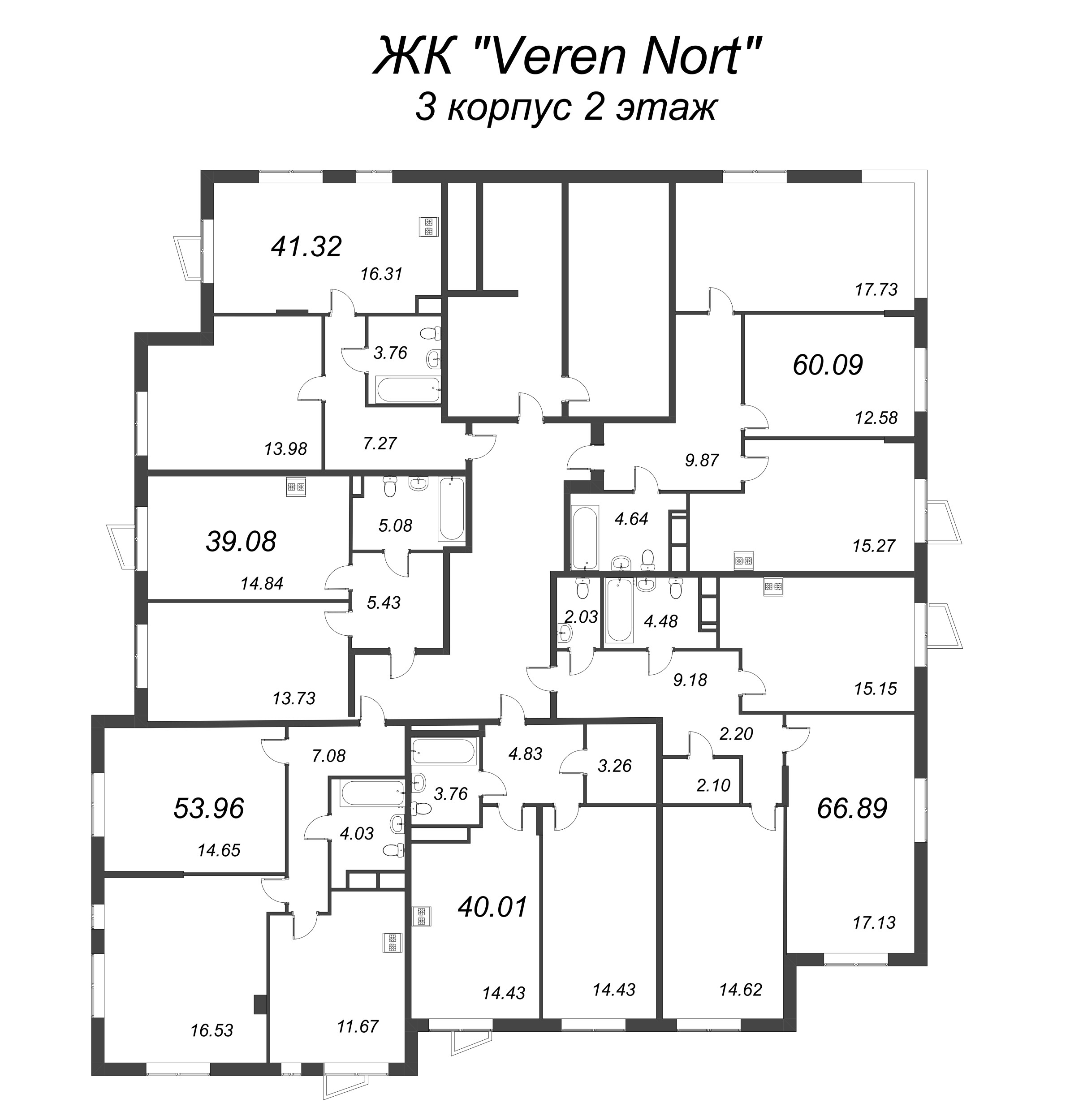 2-комнатная (Евро) квартира, 39.08 м² в ЖК "VEREN NORT сертолово" - планировка этажа