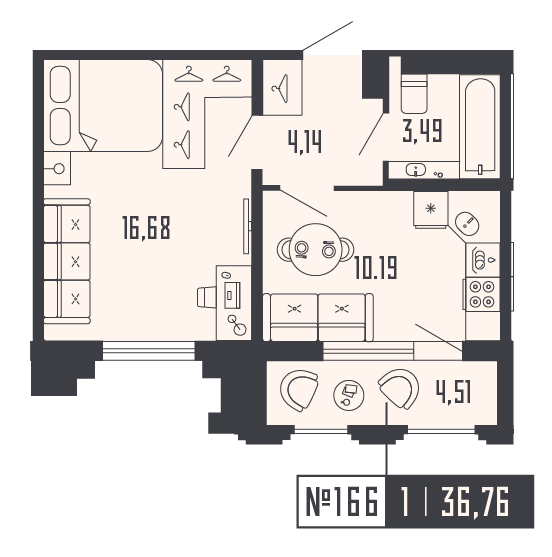 1-комнатная квартира, 36.76 м² - планировка, фото №1