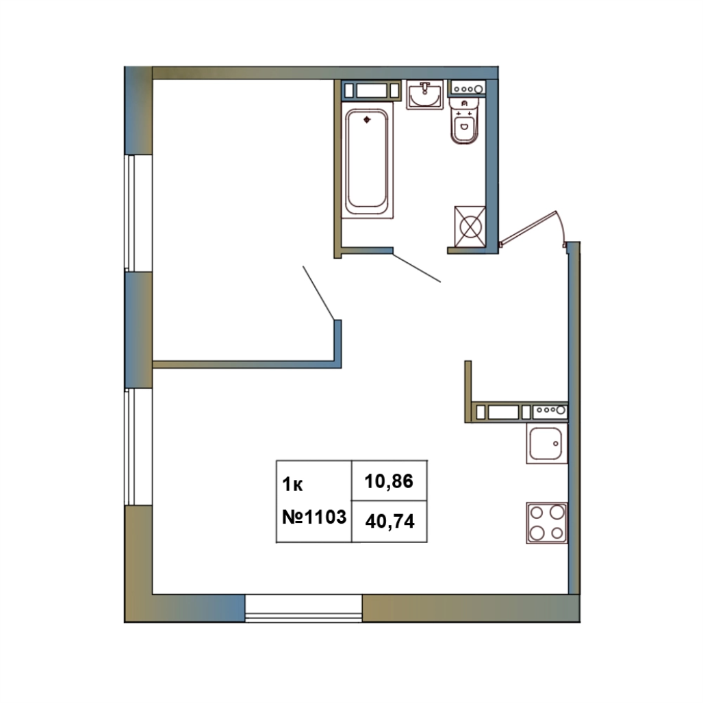 1-комнатная квартира, 40.74 м² в ЖК "Атмосфера Выборга" - планировка, фото №1