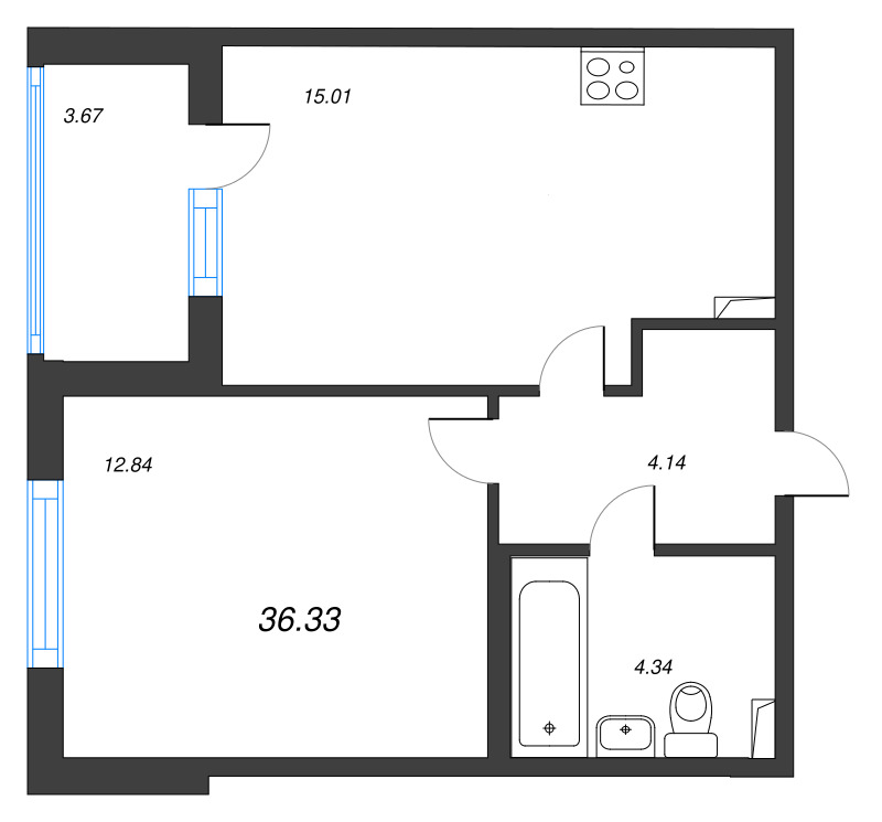 2-комнатная (Евро) квартира, 36.33 м² в ЖК "Любоград" - планировка, фото №1