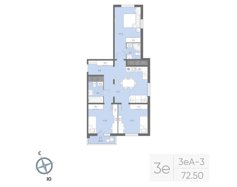 4-комнатная (Евро) квартира, 72.8 м² в ЖК "Дыбенко Парк" - планировка, фото №1