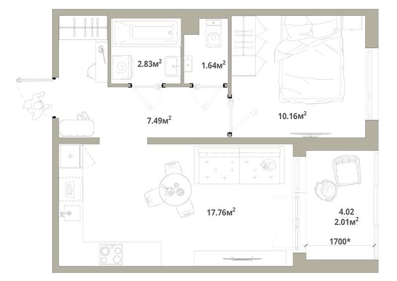 2-комнатная (Евро) квартира, 41.89 м² в ЖК "Тишин" - планировка, фото №1