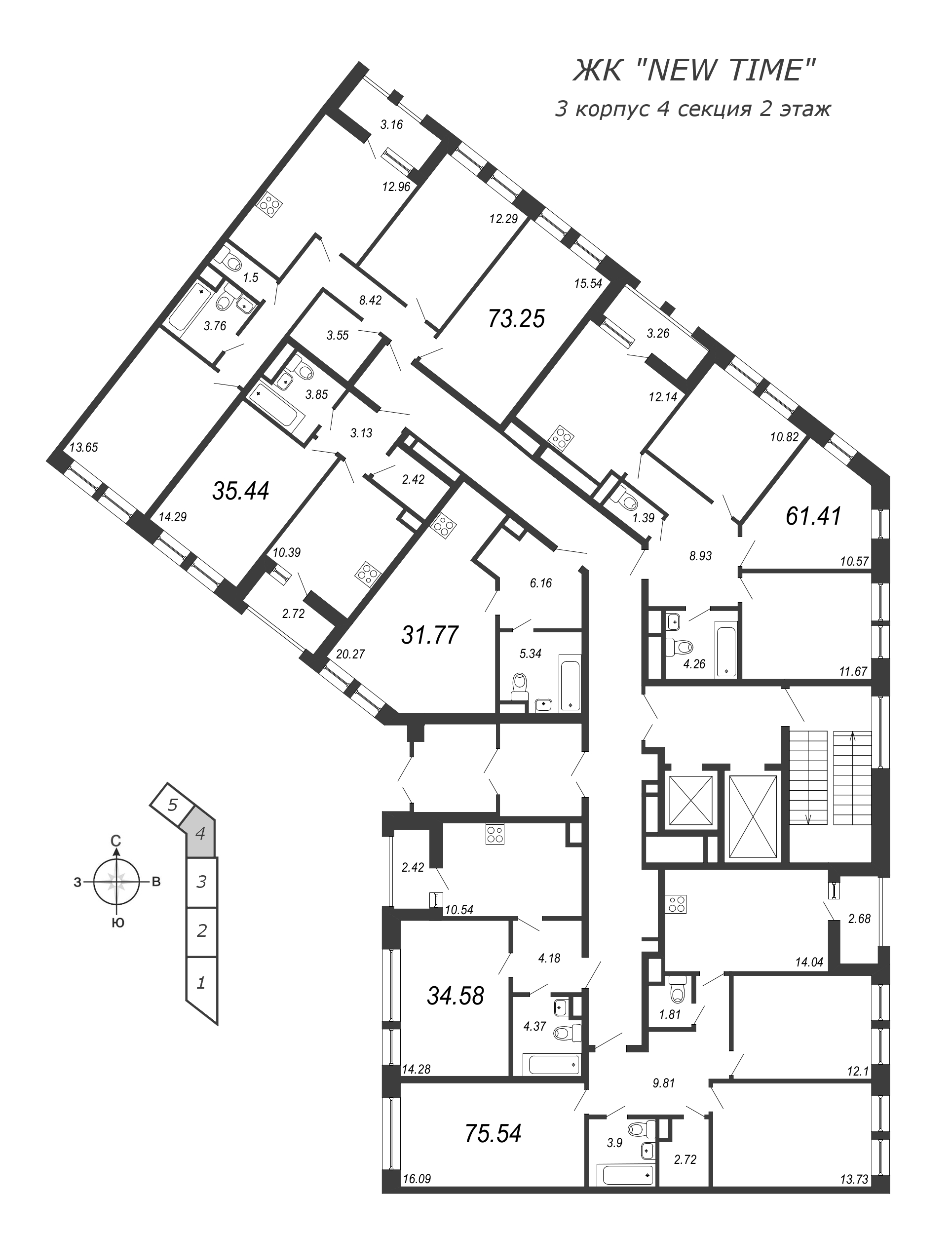 1-комнатная квартира, 35.44 м² в ЖК "NEW TIME" - планировка этажа