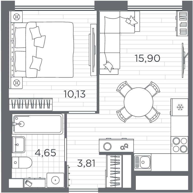 2-комнатная (Евро) квартира, 34.49 м² в ЖК "PLUS Пулковский" - планировка, фото №1