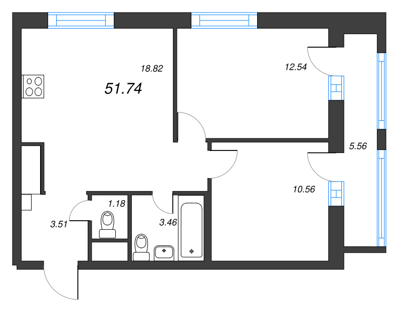 3-комнатная (Евро) квартира, 51.74 м² в ЖК "Старлайт" - планировка, фото №1