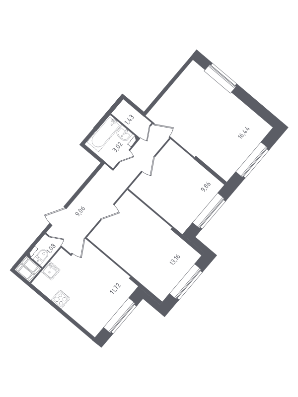3-комнатная квартира, 65.77 м² - планировка, фото №1
