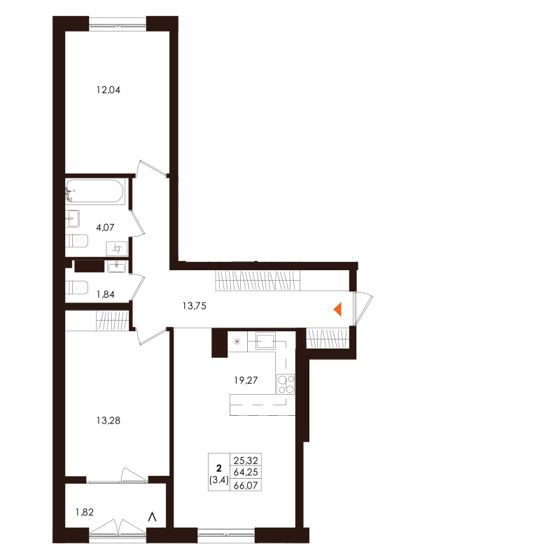 3-комнатная (Евро) квартира, 66.07 м² - планировка, фото №1