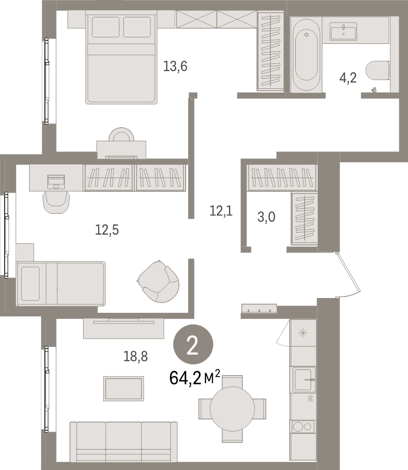 3-комнатная (Евро) квартира, 64.2 м² в ЖК "Брусника в Новоселье" - планировка, фото №1