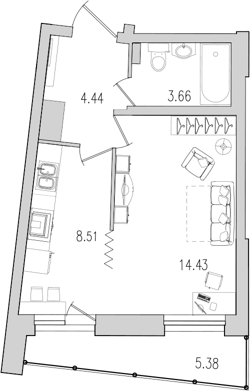 1-комнатная квартира, 36.5 м² в ЖК "Байрон" - планировка, фото №1